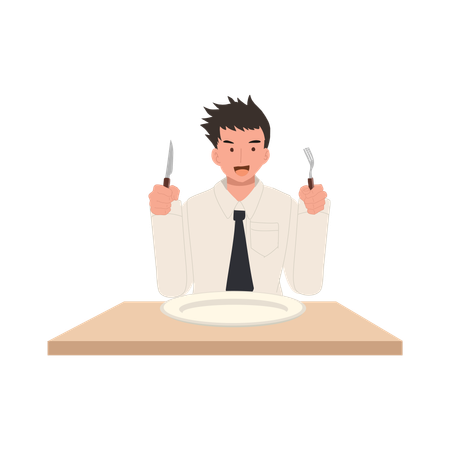 Young Student Dining with Cutlery on Campus  일러스트레이션