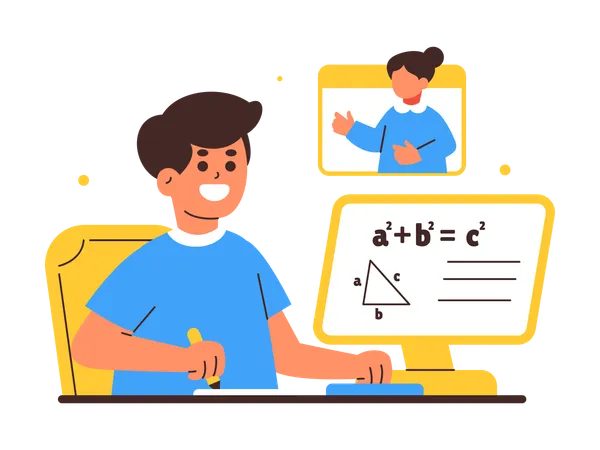 Young Student Engaged in Online Mathematics Class  Illustration