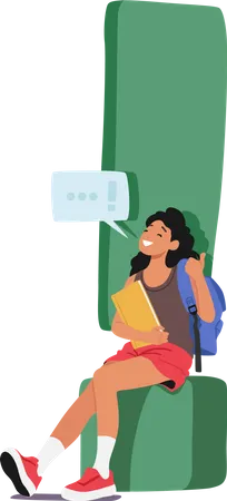 Young Student Female Character Sitting at Huge Exclamation Mark With Books  Illustration