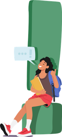 Young Student Female Character Sitting at Huge Exclamation Mark With Books  Illustration