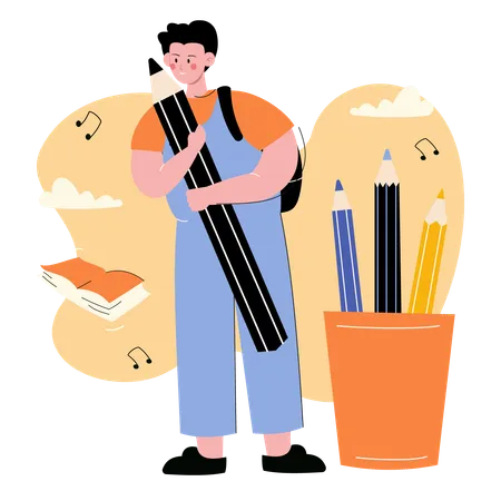 Young Student Holding Giant Pencil with Backpack  Illustration