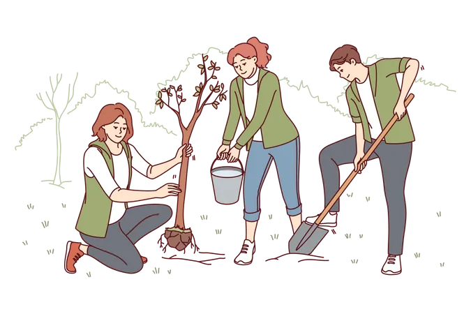 Young students are planting trees  Illustration