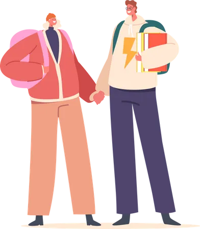 Young Students Male And Female Characters In Love Their Hands Entwined Radiating Happiness And Affection A Symbol Of Youthful Romance And Connection Cartoon People Vector Illustration Illustration