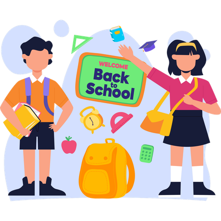 Young students with a backpack and various school supplies prepares for her school day  Illustration