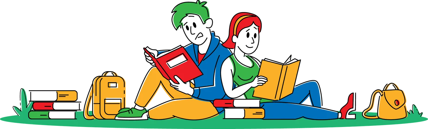 Young Students with Books Sitting on Grass at College  Illustration