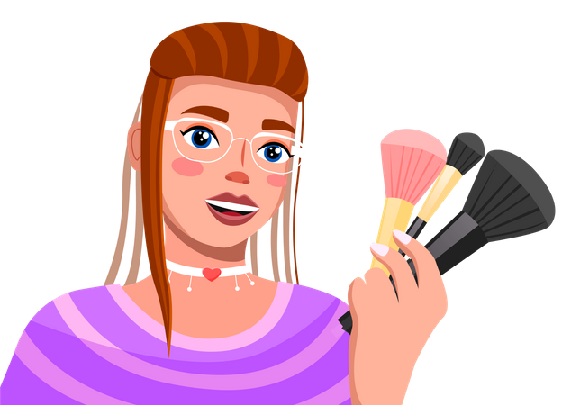 Young stylish girl in glasses talks about makeup brushes  イラスト