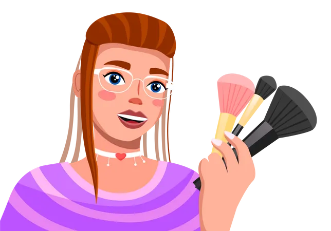 Young Brown Haired Girl In Glamour Glasses Talks About Make Up Brushes Modern Trendy Girl With Cosmetic Accessories In Hand Woman With Fashionable Make Up And A Choker On Her Neck Blooger Streamer Illustration