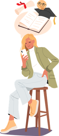 Young stylish woman using mobile phone application for learning and studying  Illustration