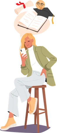 Young stylish woman using mobile phone application for learning and studying  Illustration