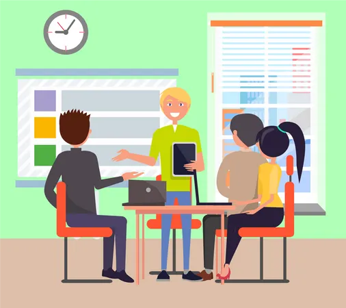 Young Successful Man Show Presentation Color Card Vector Illustration Of Business People Sitting By Table On Office Meeting Wall With Window And Desk イラスト
