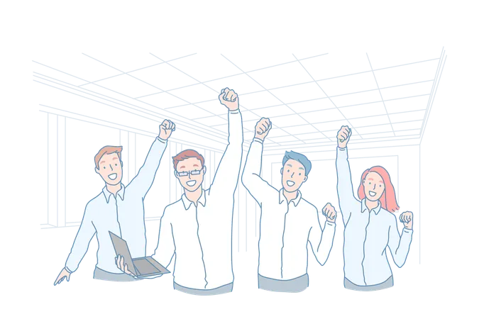 Business Teamwork Win Achievement Excellence Concept Young Successful Businessman Businesswoman Team Celebrate Victory In Office Happy Man Woman Workers Are Ready New Project Flat Vector Illustration