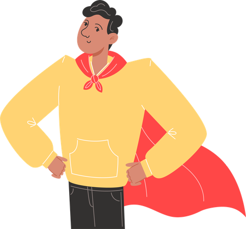 Young superhero father in red cape stands proudly with his shoulders squared  Illustration