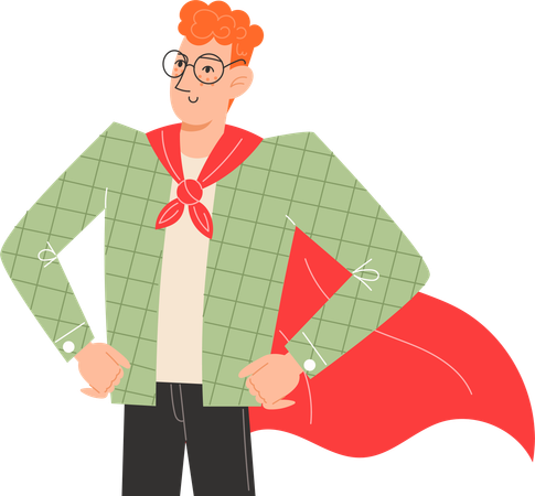 Young superhero father in red cape stands proudly with his shoulders squared  Illustration