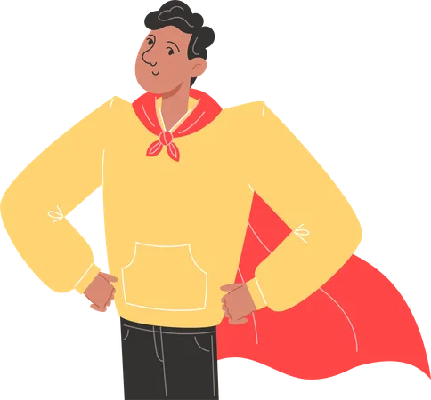 Young superhero father in red cape stands proudly with his shoulders squared  Illustration