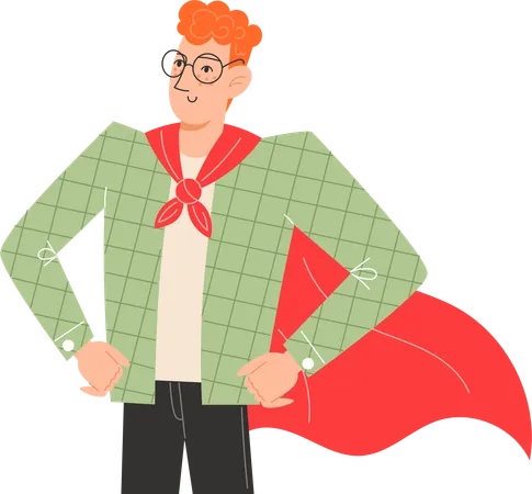 Young superhero father in red cape stands proudly with his shoulders squared  Illustration