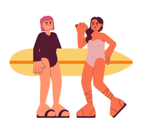 Young surfer girls with surfboard on beach  Illustration