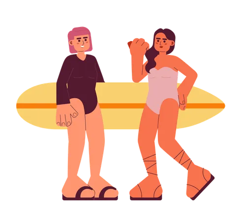 Young Surfer Girls With Surfboard On Beach Flat Vector Spot Illustration Girlfriends Fun 2 D Cartoon Characters On White For Web UI Design Summer Vacation Isolated Editable Creative Hero Image Illustration