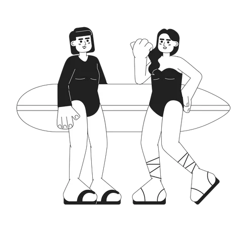 Young Surfer Girls With Surfboard On Beach Monochrome Vector Spot Illustration Girlfriends Fun 2 D Flat Bw Cartoon Characters For Web UI Design Summer Vacation Isolated Editable Hand Drawn Hero Image Illustration