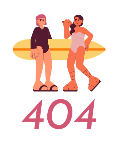 Young surfer girls with surfboard on beach error 404  Illustration
