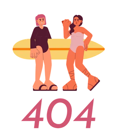 Young Surfer Girls With Surfboard On Beach Error 404 Flash Message Girlfriends Fun Empty State Ui Design Page Not Found Popup Cartoon Image Vector Flat Illustration Concept On White Background Illustration