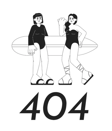 Young Surfer Girls With Surfboard On Beach Black White Error 404 Flash Message Monochrome Empty State Ui Design Page Not Found Popup Cartoon Image Vector Flat Outline Illustration Concept Illustration