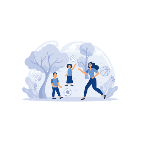 Young teacher and students are playing football in the park  Illustration