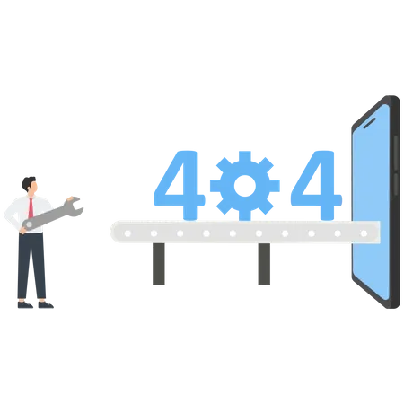 Young technician uses a tool to fix an error 404 page not found  Illustration