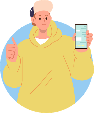 Young teenager boy showing smartphone gesturing thumbs up giving recommendation  Illustration