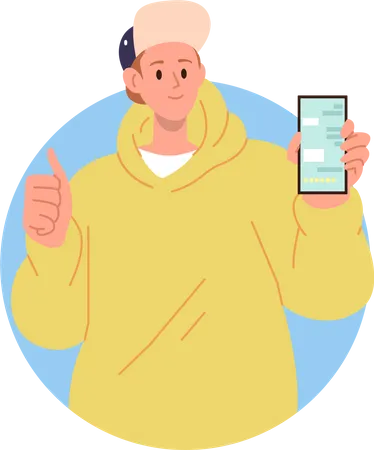 Young teenager boy showing smartphone gesturing thumbs up giving recommendation  イラスト