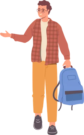 Young teenager boy student walking with backpack stretching hand to say hello  Illustration
