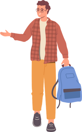 Young teenager boy student walking with backpack stretching hand to say hello  Illustration