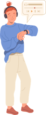 Young teenager guy character using headphones and smartwatch for listening to music  イラスト