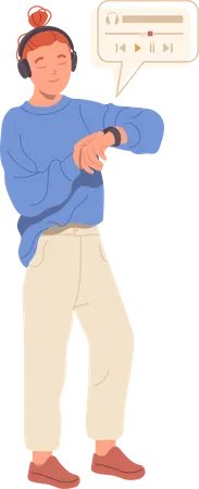 Young teenager guy character using headphones and smartwatch for listening to music  Illustration