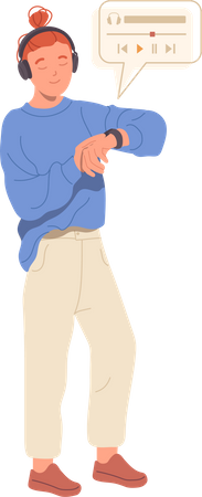 Young teenager guy character using headphones and smartwatch for listening to music  イラスト
