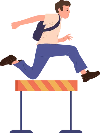 Teenager Guy College Student Cartoon Character Running Fast Jumping Over Barrier Obstacle To Reach Success Vector Illustration Competitive Hurdling Race Education Challenge Difficult Way To Success Illustration