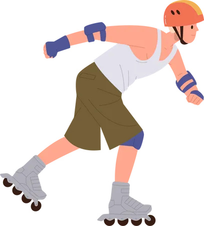 Young teenager guy wearing helmet and protective gears rollerblading  Illustration