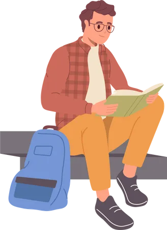 Young Teenager Male Student Character Reading Book Preparing For Exam Or Test Doing Homework During Time Break In Education Sitting On Bench Process Vector Illustration Isolated On White Background Illustration