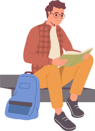 Young teenager male student character reading book during time break  Illustration