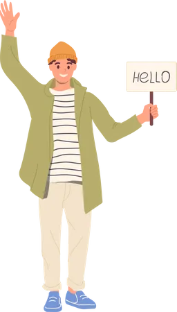Young teenager man meeting someone with hello broadsheets waiting for friend Illustration