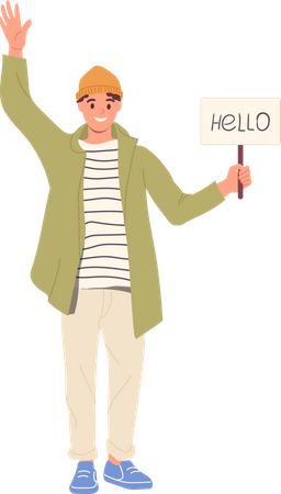 Young teenager man meeting someone with hello broadsheets waiting for friend  Illustration