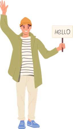 Young teenager man meeting someone with hello broadsheets waiting for friend  Illustration