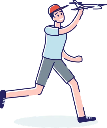 Young teenager running hold airplane toy  Illustration