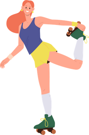 Young teenager woman roller skating enjoying summer extreme sport outdoors  Illustration