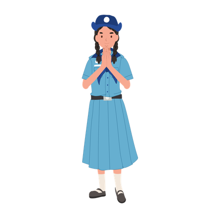 Young thai girl scout in uniform greeting sawasdee in traditional thai culture youth scouting  Illustration