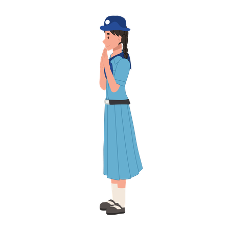 Young thai girl scout in uniform greeting sawasdee in traditional thai culture youth scouting  Illustration