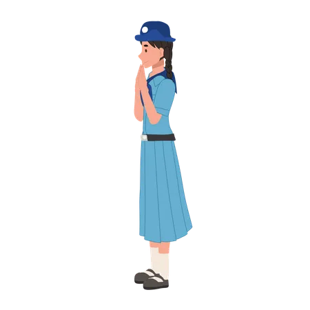 Young thai girl scout in uniform greeting sawasdee in traditional thai culture youth scouting  Illustration