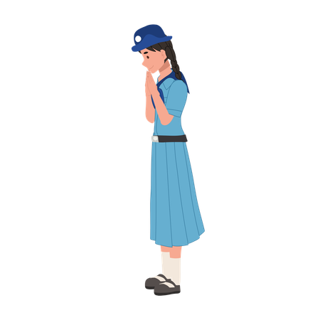 Young thai girl scout in uniform greeting sawasdee in traditional thai culture youth scouting  Illustration