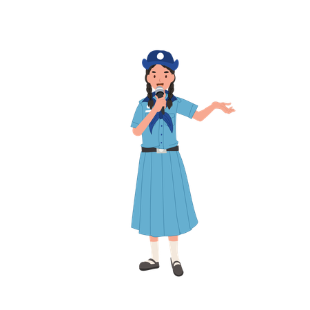 Young Thai Girl Scout in Uniform Presenting with Microphone  Illustration