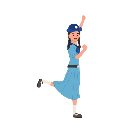 Young Thai Girl Scout in Uniform Raises Hand with Joy  Illustration