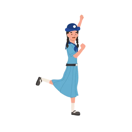 Young Thai Girl Scout in Uniform Raises Hand with Joy  Illustration